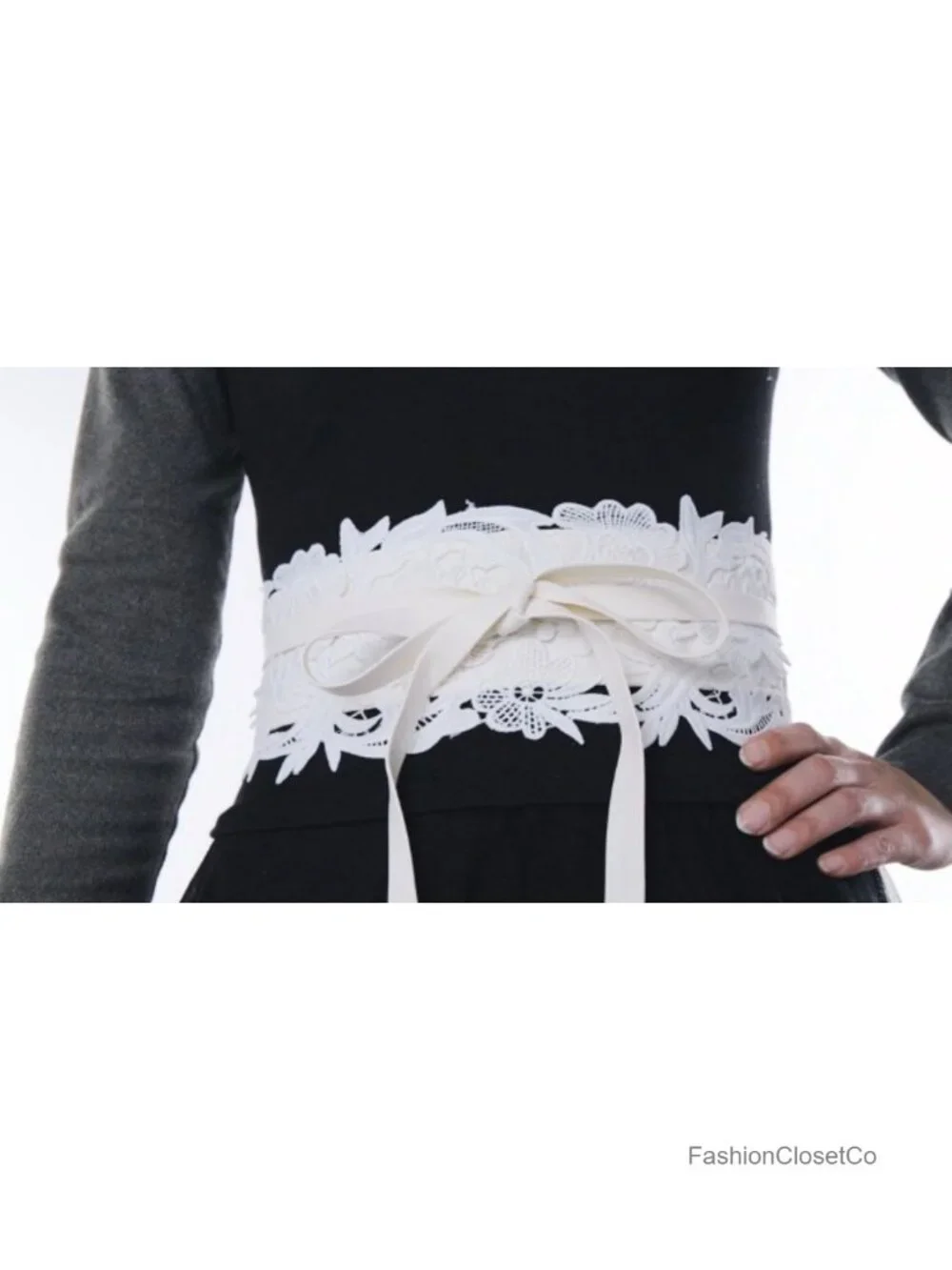 Lace Waist Belt with Faux Leather Bowknot Tie Wrap - Wide Corset Cinch Belt for